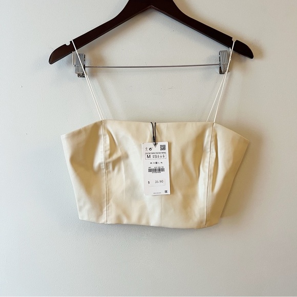 ZARA ECRU Beige FAUX LEATHER CROP TOP Spaghetti Straps Size Medium NEW - Picture 1 of 9